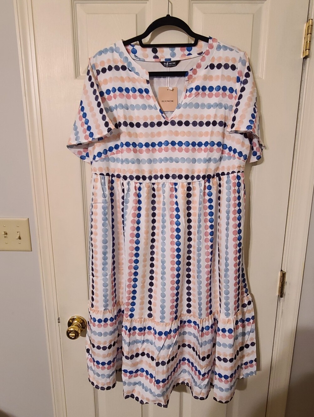 BloomChic White Dress with Blue, Navy & Pink Dot Stripes